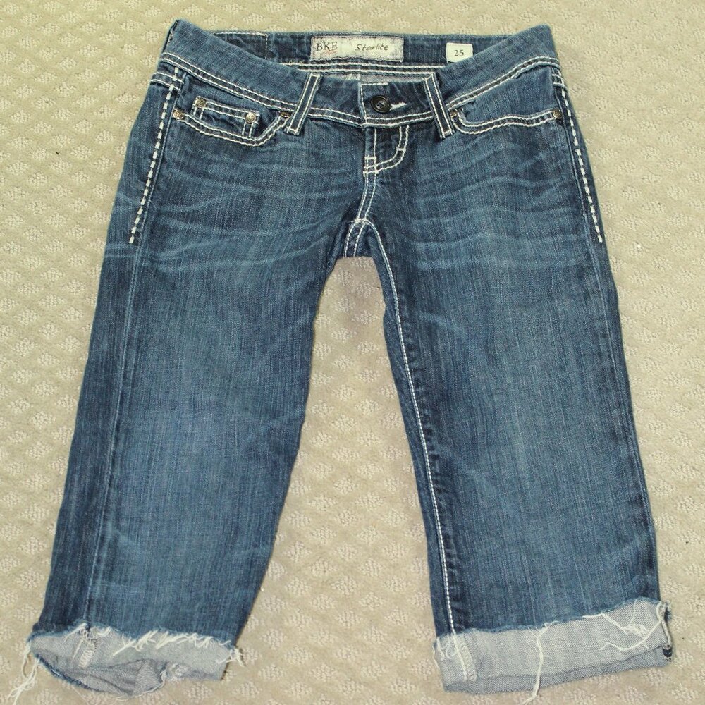 BKE Denim Starlite Cropped Cuffed Heavy Stitching Blue Jeans Size 25 (Act 28x17)